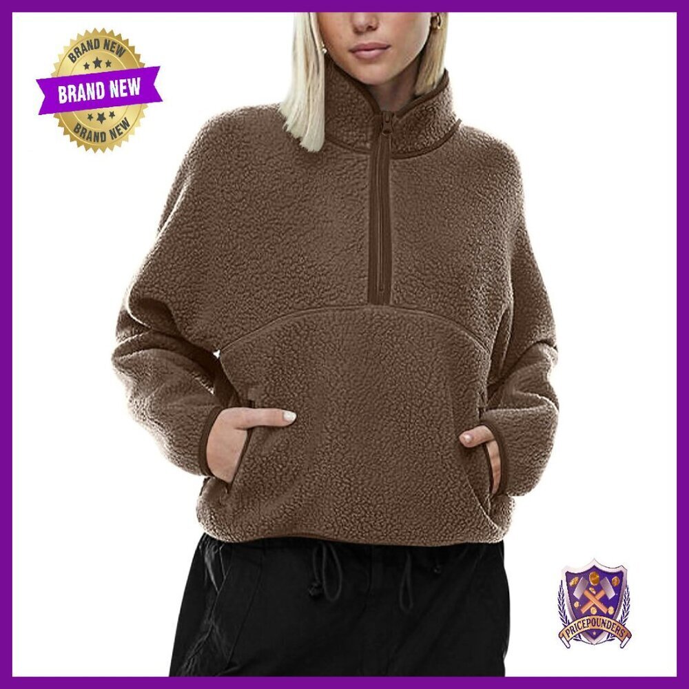 Half Zip Pullover Sherpa Fleece Jacket with Pockets Women's Cropped Sweatshirt